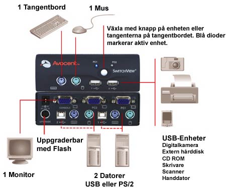 Avocent Skiss över SwitchView USB, 2-portars